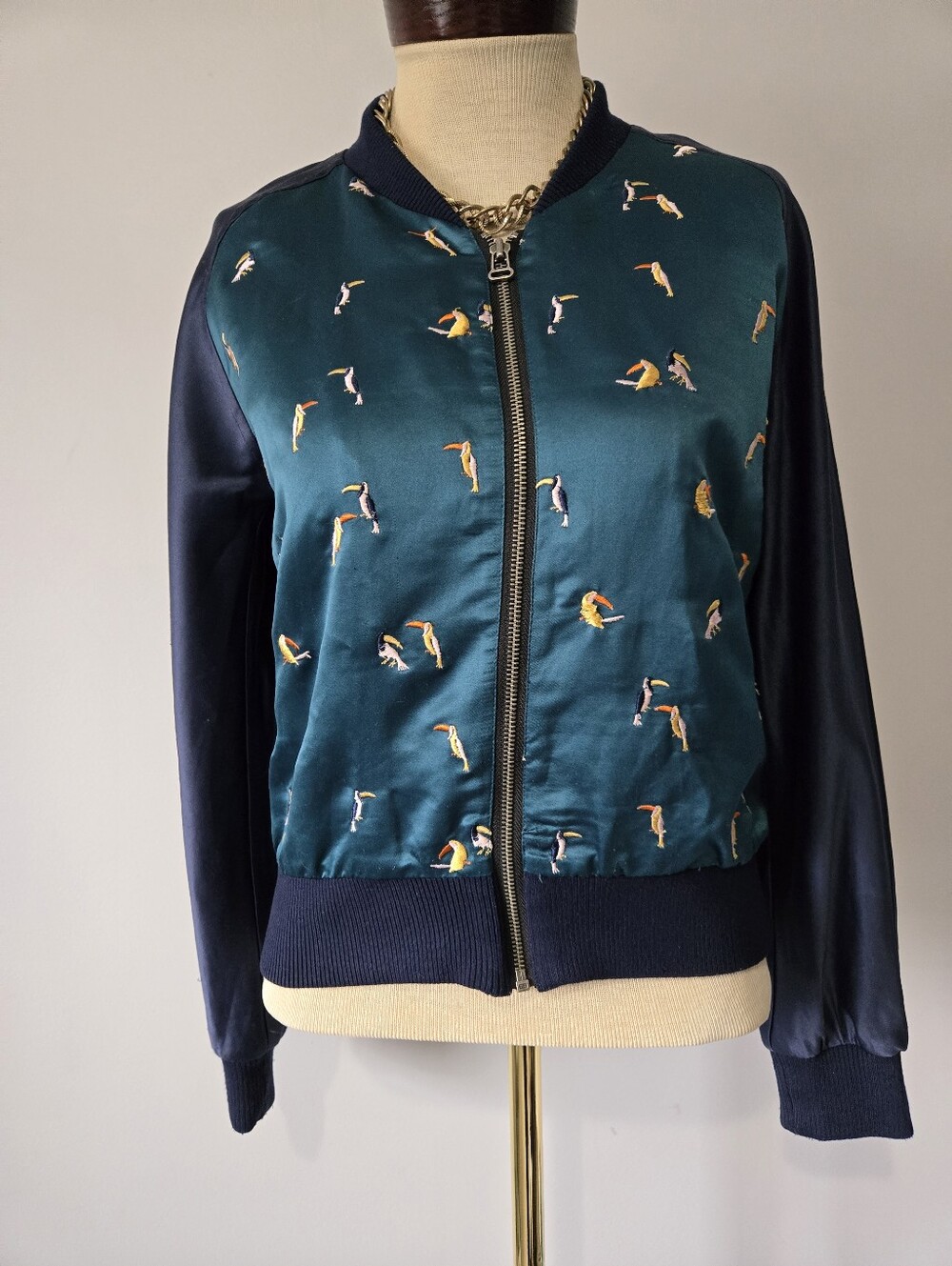 Numph Anthropolgie Pelican Teal & Navy Sati  Bomber Jacket . Size Snall